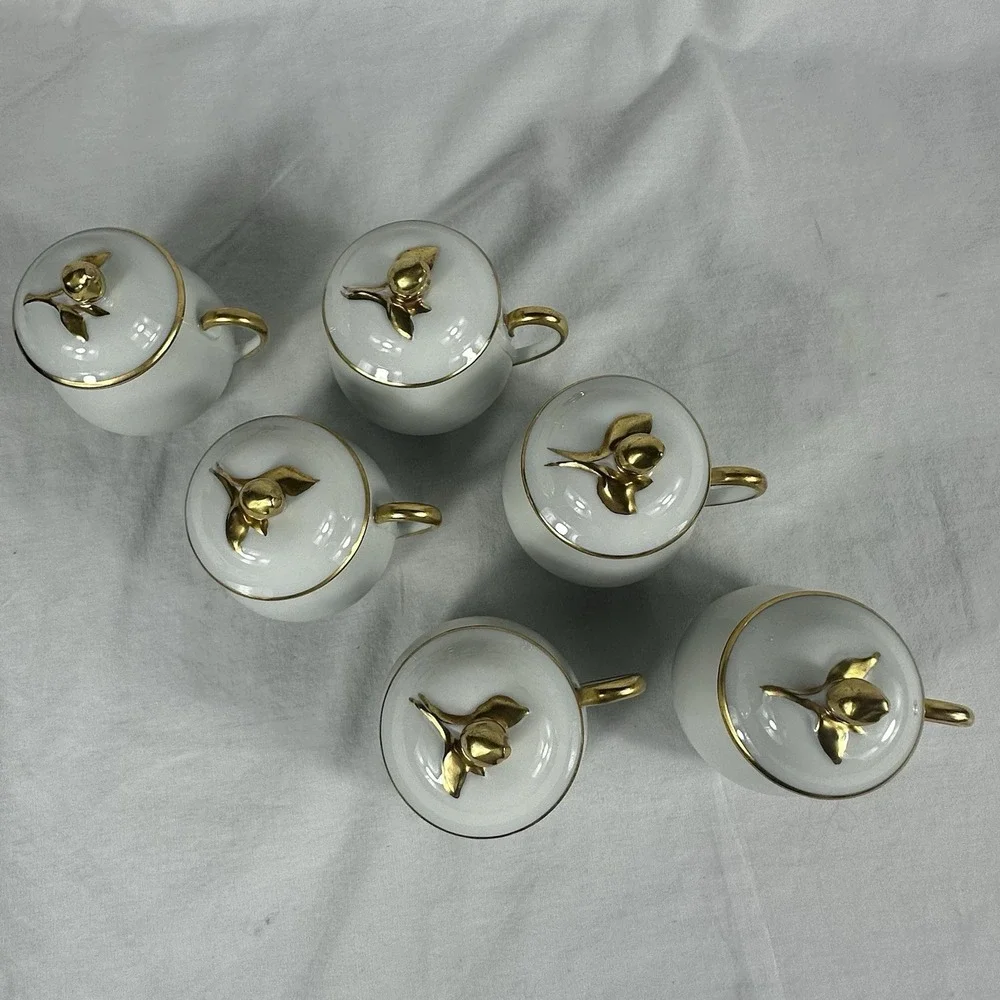 6 Antique Limoges Pot de Crème France Coiffe Porcelain White‎ And Gold